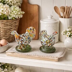 Hand Blown Art Glass Chicken Figurines Pair Speckled Confetti Murano Style 2"